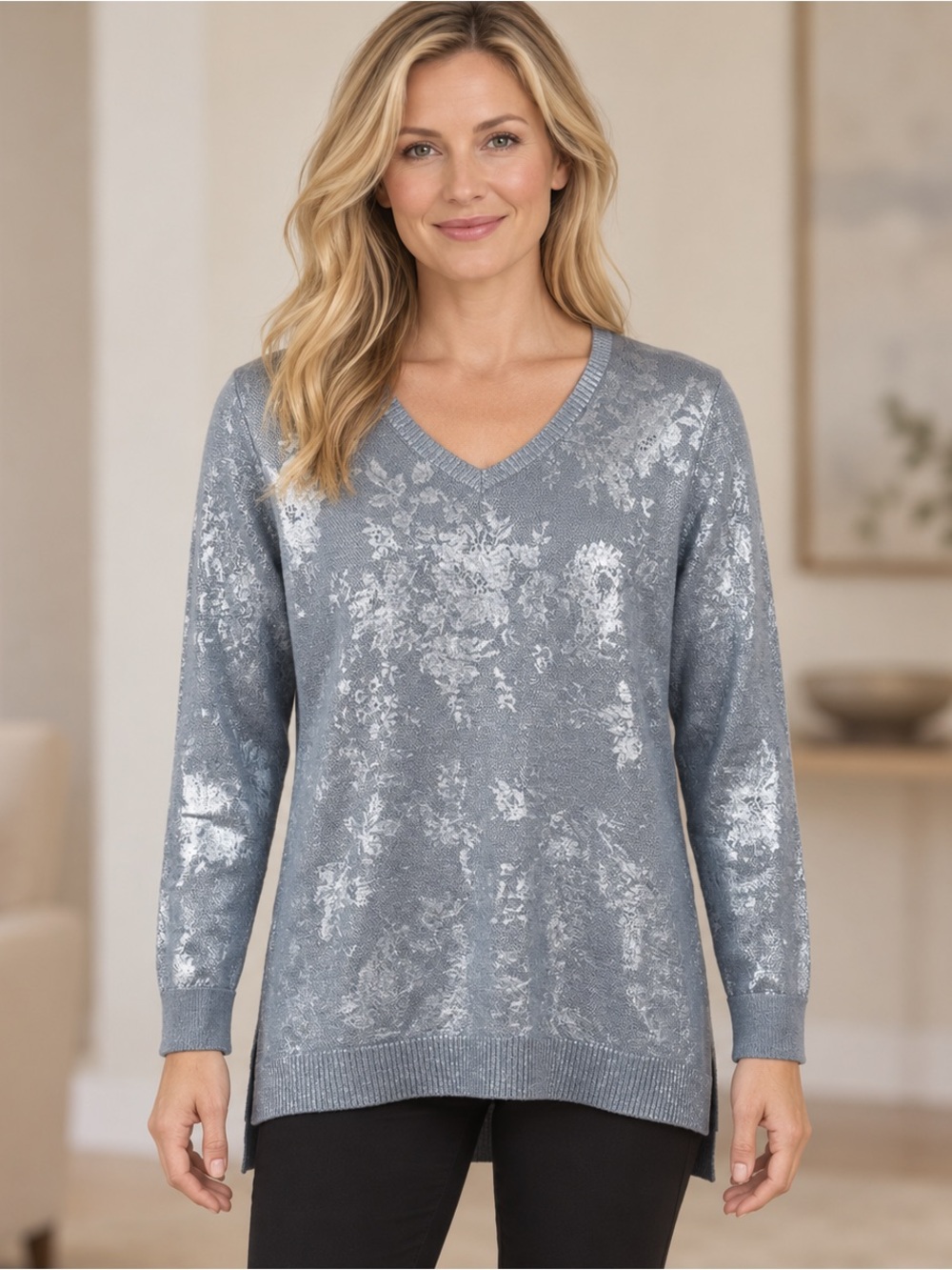 Chico's Silver-Blue V-Neck Metallic Floral Sweater
